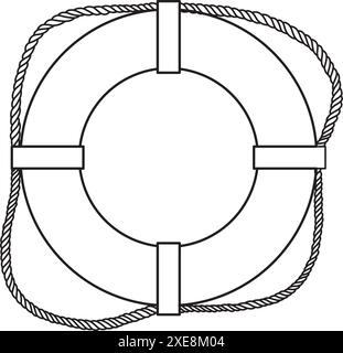 Illustration des lebensebenen Vektors. Lineare Zeichnung des runden Lebensschutzes für Symbol oder Logo. Ätzen des Rings für Sicherheit im Meer auf isoliertem Hintergrund. Nautische schwarze Linienkunst mit Seil. Stock Vektor