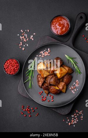 Köstliche Kartoffeln, gebacken in der Schale mit Rosmarin und Gewürzen Stockfoto