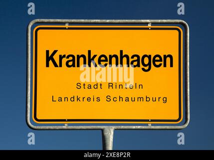 Ortsschild Krankenhagen, Stadt Rinteln, Landkreis Schaumburg, Niedersachsen, Deutschland, Europa Stockfoto