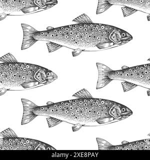 Nahtloses Forelle-Muster Im Vintage-Stil. Vektor Hand Gezeichneter Fisch Hintergrund. Hochwertige Alte Mode Illustration Stock Vektor