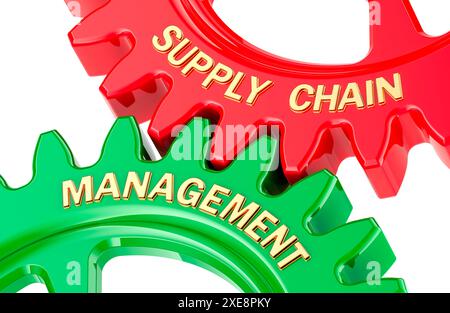 Supply Chain Management-Konzept mit farbigen Zahnrädern. 3D-Rendering isoliert auf weißem Hintergrund Stockfoto