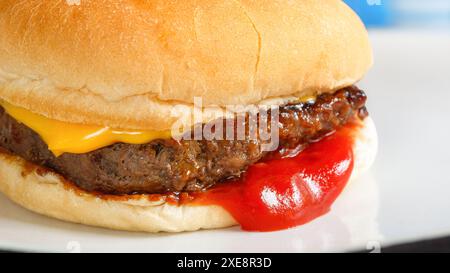 Detailansicht eines saftigen und köstlichen Cheeseburgers Stockfoto