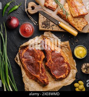 Mariniertes Rindersteak von oben Stockfoto