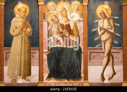 ASSISI, ITALIEN - 17. MAI 2024: Das mittelalterliche Gemälde der Madonna mit dem hl. Franz und Sebastian in der Kathedrale San Rufino von Matteo da Gualda (1430–1507) Stockfoto