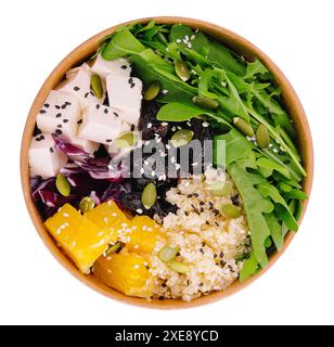 Gesunde buddha Schüssel mit Quinoa, Rucola, Feta Käse und Obst Stockfoto