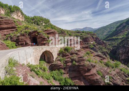 Steinbrücke über die Schlucht von Daluis, regionales Naturschutzgebiet, Südfrankreich Stockfoto