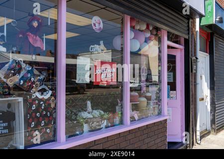 Hartlepool, Cleveland, Großbritannien. Juni 2024. Hartlepool Wahlkreis, in dem Jill Mortimer (Con) und Jonathan Brash (Lab) für die britischen Parlamentswahlen 2024 Kandidaten sind. Bei den Kommunalwahlen im Mai gewann Labour alle acht Sitze im rat von Con (6) und Ind (2). Abgebildet – Ein Schaufenster mit einem Poster zur Arbeit. Quelle: Hazel Plater/Alamy Live News Stockfoto