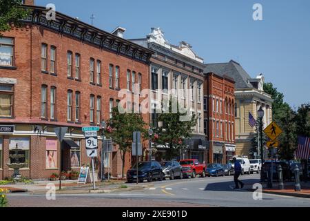 Das Geschäftsviertel von Glens Falls, einer Stadt im Warren County, im Süden von Adirondacks, Bundesstaat New York. Stockfoto