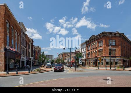 Das Geschäftsviertel von Glens Falls, einer Stadt im Warren County, im Süden von Adirondacks, Bundesstaat New York. Stockfoto