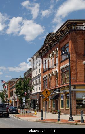 Das Geschäftsviertel von Glens Falls, einer Stadt im Warren County, im Süden von Adirondacks, Bundesstaat New York. Stockfoto