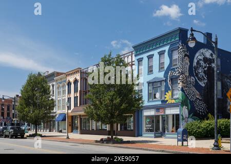 Das Geschäftsviertel von Glens Falls, einer Stadt im Warren County, im Süden von Adirondacks, Bundesstaat New York. Stockfoto