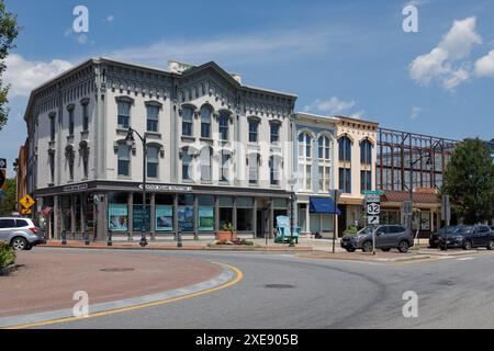 Das Geschäftsviertel von Glens Falls, einer Stadt im Warren County, im Süden von Adirondacks, Bundesstaat New York. Stockfoto