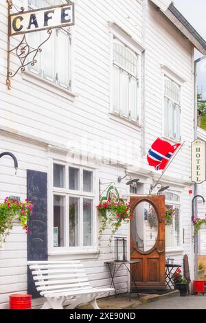 Blick auf die Straße mit Hoteleingang mit bunten Blumen in Töpfen und hängenden Körben. Konzept: Charmante Tür, Gemeinschaftsatmosphäre, bunte Blumen, Stockfoto