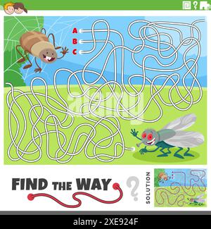 Zeichentrickillustration von Find the Way Labyrinth Puzzle Spiel mit Insekten Charaktere Stock Vektor