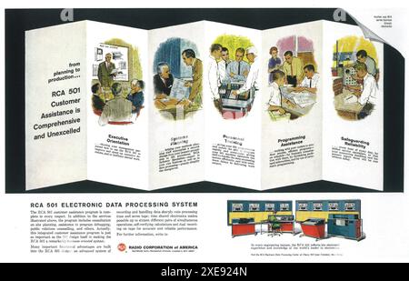 1961 Anzeige für elektronisches Datenverarbeitungssystem von RCA – „RCA 501 Customer Assistance is Comprehensive...“ Stockfoto