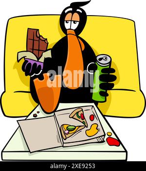 Cartoon-Illustration einer schwarzen Ententierfigur, die Junk Food auf dem Sofa isst Stock Vektor