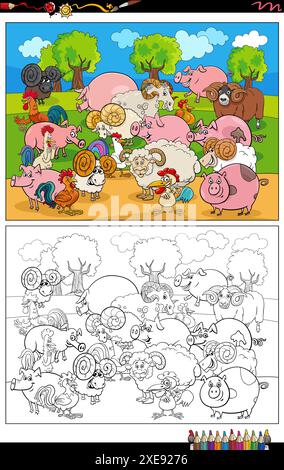 Cartoon Illustration von Bauernhof Tier Charaktere Gruppe Malvorlagen Stock Vektor
