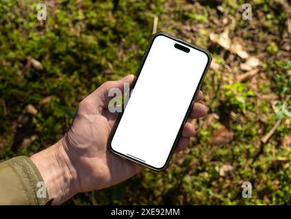 Lodz Polen Juni 01 2024 Hand hält weißen leeren Handy-Bildschirm in der Natur, sonniger Tag. Stockfoto