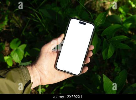Lodz Polen Juni 01 2024 Handheld Handy Bildschirm, Smartphone Mockup in der Natur, sonniger Tag, grüne Pflanzen. Stockfoto
