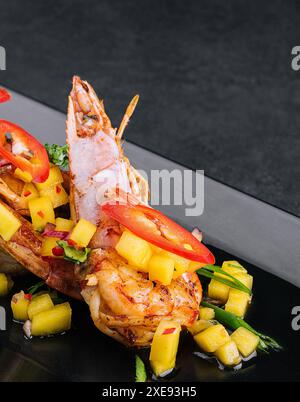 Grillspieße gegrillte Garnelen auf schwarzem Teller Stockfoto