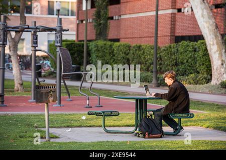 Los Angeles, Kalifornien, USA - 28. März 2017: Männlicher Student arbeitet am Laptop auf einem Picknicktisch im Freien auf dem USC Campus. Stockfoto