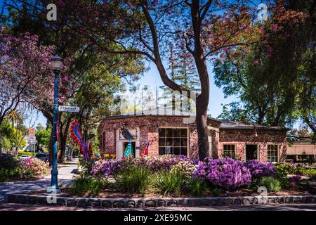 Claremont, Kalifornien, USA - 30. März 2017: Frühlingsblüten und Geschäfte auf der Harvard Avenue in der Nähe des Campus der Claremont Colleges. Stockfoto