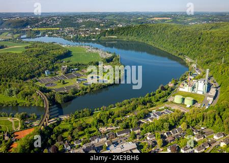 Luftaufnahme, Blick auf den Harkortsee und das Ardeygebirge mit Wetter, Ruhrviadukt mit Ruhrverband Klärwerk Hagen, Campingplätze Caravan- und Wassersportvere Stockfoto