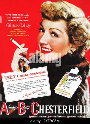 1948 Chesterfield Zigarettenwerbung mit Claudette Colbert Stockfoto