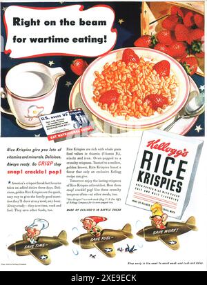 1943 WW2 Kellogg's Rice Krispies Cereal Werbespot – „Wartime Eating“ – „U.S. Needs US Strong“ Stockfoto