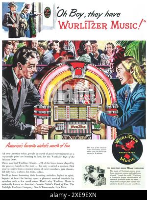 1946 Wurlitzer Juke Box Machine - 'Oh Boy, They have Wurlitzer Music' mit Kunstwerken von Albert Dorne Stockfoto