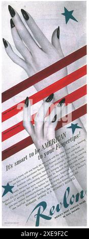 1942 Revlon nagellack-Emailwerbung mit Fingernagel – „es ist klug, Amerikaner zu sein“. Stockfoto