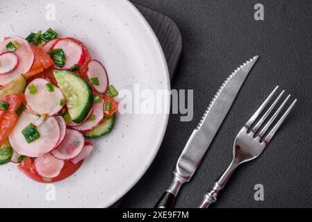 Köstlicher veganer Salat mit frischem Gemüse aus Tomaten, Gurken und Radieschen Stockfoto