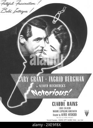 1946 berüchtigtes Originalfilmposter unter der Regie von Alfred Hitchcock mit Cary Grant, Ingrid Bergman und Claude Rains in den Hauptrollen Stockfoto