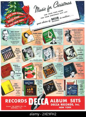 1942 Decca Records Album Sets Music Christmas Advertising - 'lade Stars zu deiner Weihnachtsfeier ein' - Bing Crosby, Deanna Durbin, Fred Waring, Carmen Miranda Stockfoto