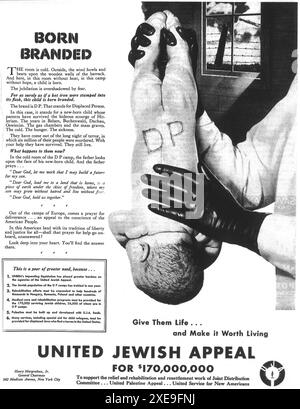 1947 United Jewish Appeal Ad - Born Branded D. P. Displaced Person - United Service for New Americans Stockfoto