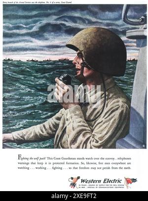 1944 Western Electric Anzeige im 2. Weltkrieg - Coast Guardsman High Seas - Telefonwarnung Stockfoto