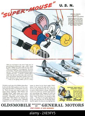 1944 WW2 Oldsmobile GM General Motors Ad - war Planes - Super-Maus - Insignia der Navy Scout-Bombing Squadron - Automatische Kanonen auf Helldiver Flugzeugen Stockfoto