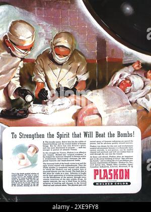 1941 WW2 Plaskon geformte Farbe Plastik Anzeige - Chirurgen Ärzte Operation Baby Stockfoto