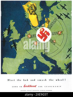 1944 Lockheed-Flugzeugwerbung aus dem 2. Weltkrieg – „Blast the Hub and Smash the Wheel“ – „Victory through Airpower“ – Walt Disney-Illustration – Bombardierung Nazi-Deutschlands Stockfoto
