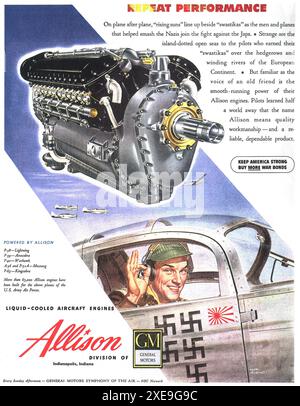 1945 WW2 Allison Aircraft Engines Ad - WWII Lockheed P-38 Lightning Fighter Aircraft - Fighter Pilot mit Nazi Hakenkreuz und japanischer aufgehender Sonne Stockfoto