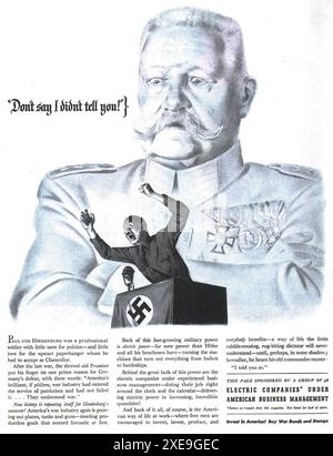 1943 WW2 Electric Companies unter American Business Management Ad - „Invest in America. Kaufen Sie Kriegsanleihen und Briefmarken Nazi Hitler Hindenburg Stockfoto