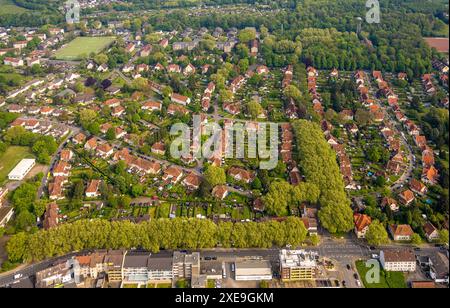 Blick aus der Vogelperspektive, Grubensiedlung Teutoburgia oder Gartenstadt Teutoburgia mit roten Dächern und baumgesäumter Allee, denkmalgeschütztes Gebäude, Börnig, Herne, Ruhr Stockfoto