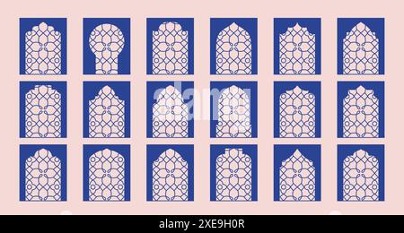 Abstraktes geometrisches Muster an Fenstern, Bogen, Bogen, Rahmen, Tür. Schmaler Blumenschmuck. Stock Vektor