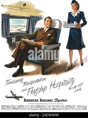 1946 American Airlines Werbespot – „zeitsparender Transport und Flaggschiff-Gastfreundschaft“. Stockfoto