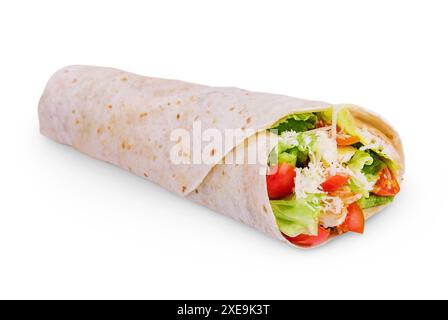 Shawarma mit Huhn auf weißem Hintergrund Stockfoto