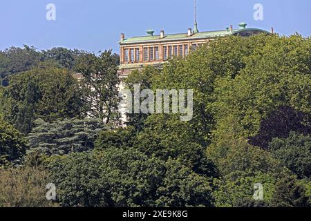 Industriegeschichte im Ruhrgebiet im Essener Stadtteil Bredeney erkennt man noch aus großer Entfernung die vom Wald umrahmte Villa Hügel, dem ehemaligen Wohn- und Repräsentationshaus der Industriellenfamilie Krupp. Essen Nordrhein-Westfalen Deutschland *** Industriegeschichte im Ruhrgebiet im Essener Stadtteil Bredeney ist die Villa Hügel, das ehemalige Wohn- und Repräsentantenhaus der Industriellenfamilie Krupp in Essen, Nordrhein-Westfalen, noch von weitem zu erkennen. Stockfoto