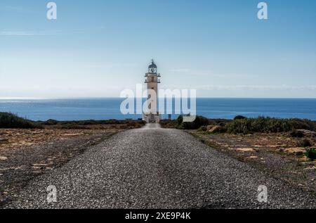 Eine lange Landstraße führt zum Leuchtturm am Cap de Barbaria auf der Insel Formentera Stockfoto