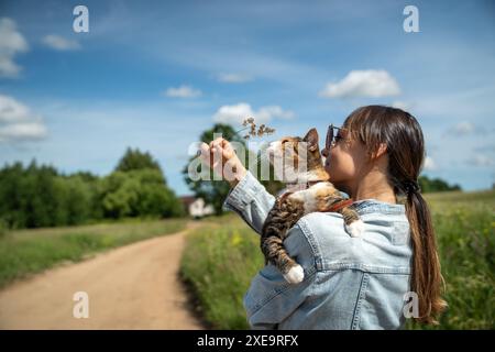 Hauskatze mit Leine, die zum ersten Mal draußen läuft, sitzt auf der Schulter liebevoller weiblicher Besitzer. Stockfoto