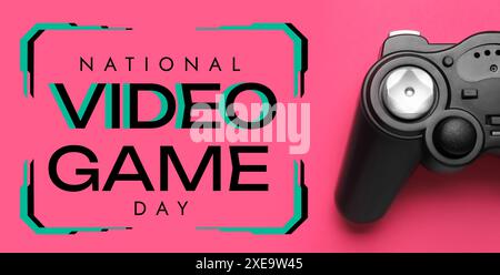 Modernes Gamepad auf rosa Hintergrund. Banner für den National Video Game Day Stockfoto