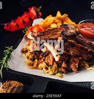 Schließen Sie das Gourmet-Hauptgericht mit gegrilltem Schweinerippchen und gebratenen Kartoffeln Stockfoto